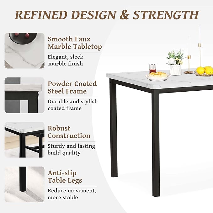 Dining Table Set for 4, 47.2" Faux Marble Kitchen Table Set with 4 Upholstered Velvet Chairs, Dinette Table Set for Dining Room, Kitchen, Breakfast Corner (Gray)