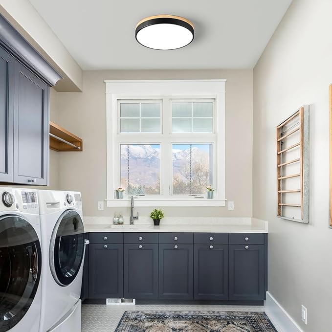 Dimmable Wood LED Ceiling Light Fixture, Black Round Low Profile Flush Mount Ceiling Lighting, Modern 5CCT 2700K-6000K Ceiling Lamp for Living Room Hallway Kitchen Bedroom, 15.8in