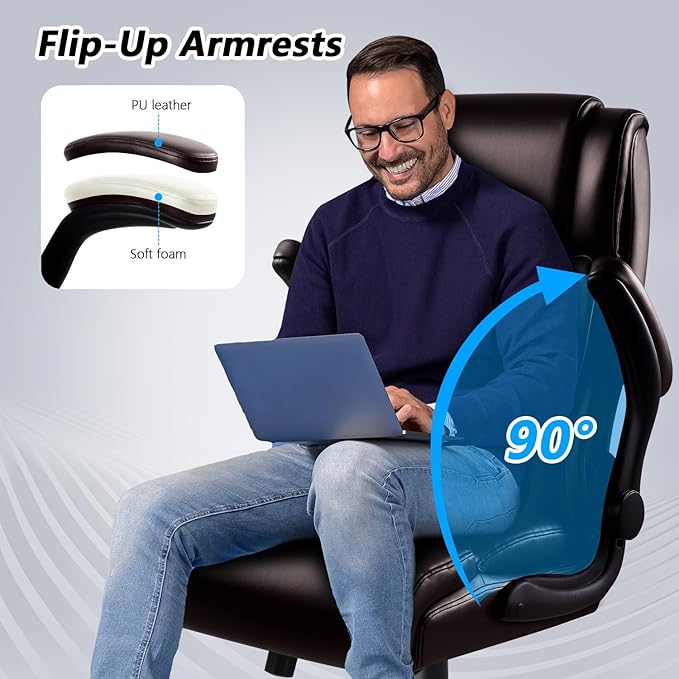 Ergonomic Leather Office Chair Desk Computer Chair, Comfortable High Back Office Chair with Adjustable Flip-up Armrest, Brown Executive Leather Office Desk Chair with Lumbar Support