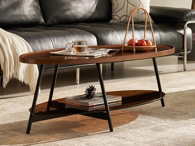 Shrine Glass Coffee Table, Black Walnut Table for Living Room, Glass and Wood Table, 43.3" D x 21.6" W x 15.7" H, Brown Glass Base, Walnut Wood Top&Black Metal Frame