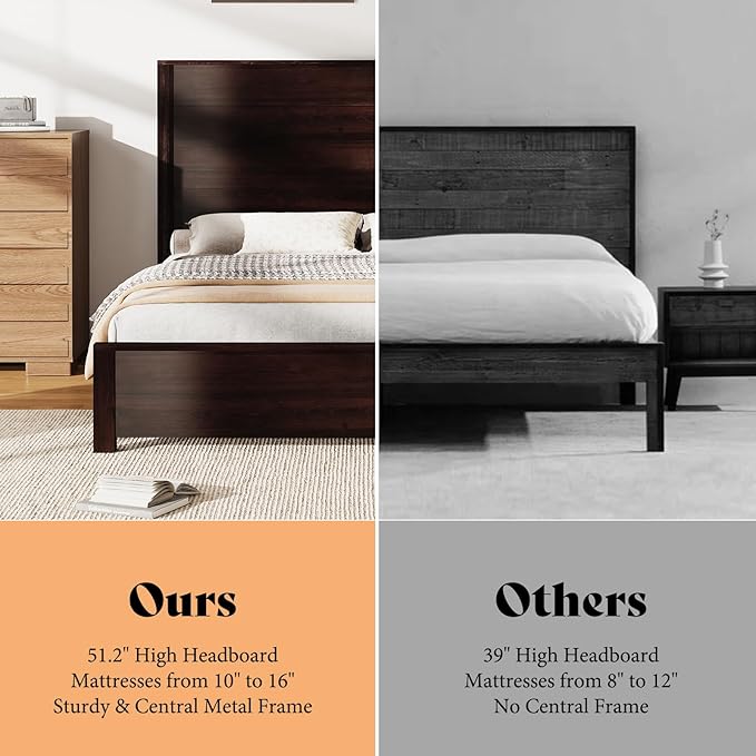 AMERLIFE Full Size 51.2" Wood Bed Frame, Rustic Platform Bed with Spliced Headboard, Wood Slats Support/Noiseless/No Box Spring Needed/Dark Brown