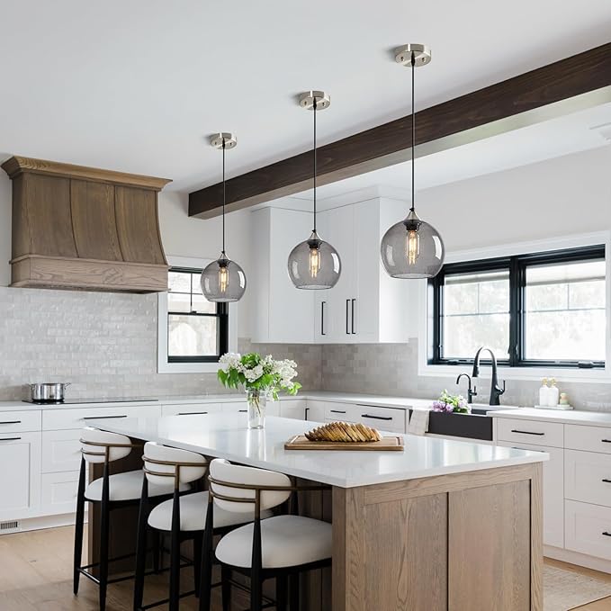 Light Grey Glass Pendant Lights Kitchen Island Lighting Globe Pendant Light Fixtures Modern Pendant Lighting for Bedroom Living Dining Room Light Fixture (7.87 in, 1 Pack)