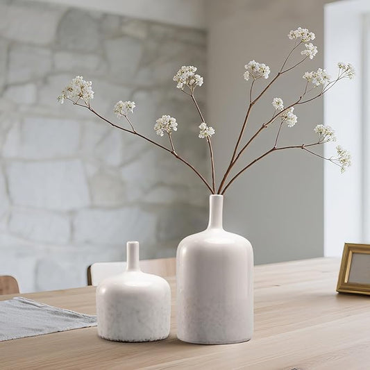 White Ceramic Vase Set - Set of 2 Table Vase, Ceramic Flower Vases for Centerpieces, White Reactive Long Neck Vases, Large Tabletop Living Room Decor 9.5 Inch Cynkeyee