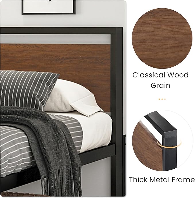 SHA CERLIN 14 Inch King Size Metal Platform Bed Frame with Wooden Headboard and Footboard, Mattress Foundation, No Box Spring Needed, Large Under Bed Storage, Walnut