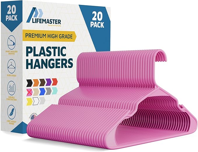 Plastic Clothes Hangers – Heavy Duty Hanger Set, for Organizing Clothes, Dresses, and Coat, Holds Up to 5 lbs, Space-Saving Hangers with Non-Slip Shoulder Grooves, Pack of 20, Pink