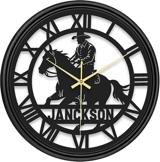 Personalized Name Western Cowboy Wall Clock, Custom Horse Riding Vinyl Record Hanging Clock with 7 Color Changing, Iron Art Clock, Hanging Decor for Bedroom, Living Room, Home, Office, Housewarming