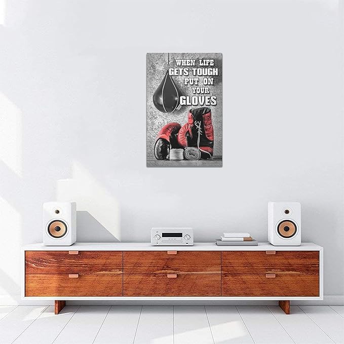 Boxing Posters Wall Art Red Boxing Gloves Pictures Wall Decor Black And White Inspirational Quotes Canvas Prints Painting Artwork Sports Canvas Home Decorations For Teen Boys Room Dorm Bedroom 16"x24"