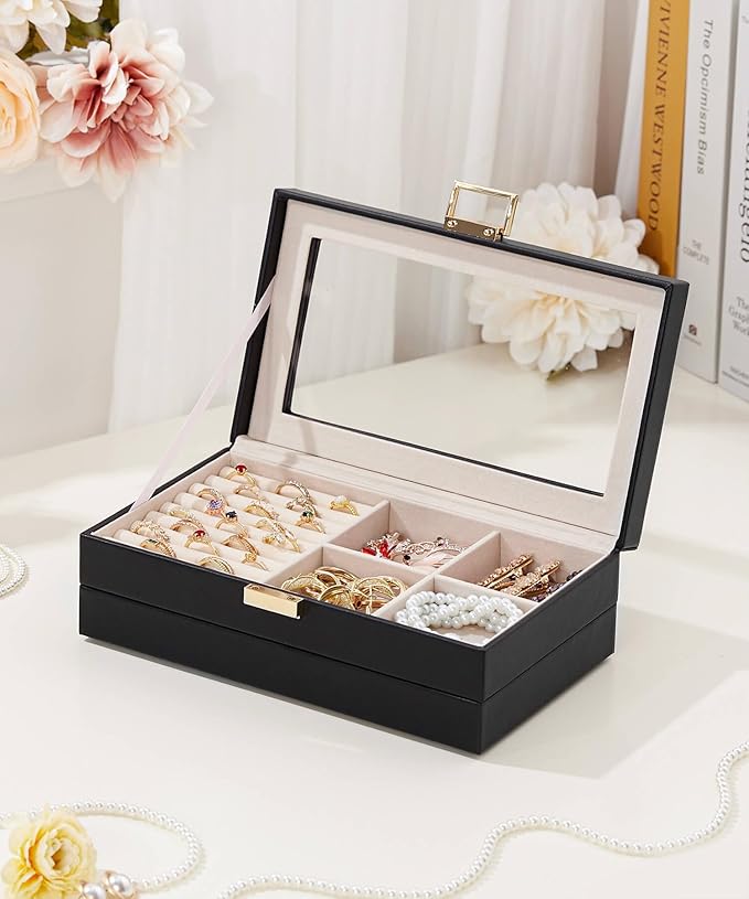 Homde Jewelry Tray Stackable Jewelry Box with Glass Lid, Removable Dividers for Vanity Table Gift Idea for Girls and Women (Black)