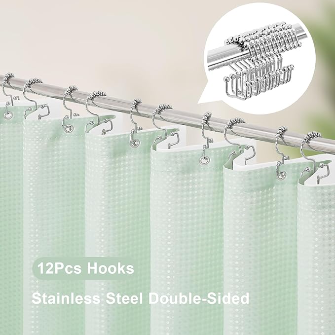 3 in 1 Shower Curtain Set, Mint Green Waffle Shower Curtain and PEVA Liner Set with 12 Stainless Steel Shower Curtain Hooks, Waterproof Shower Curtains for Bathroom, 72 W x 72 H