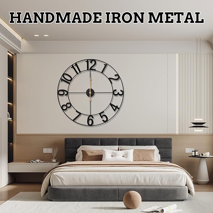 30-Inch Silent Non-Ticking Indoor Outdoor Wall Clock, Battery Operated Vintage Farmhouse Metal Clock with Arabic Numerals for Patio, Pool, Garden, Living Room, Kitchen Decor - Black