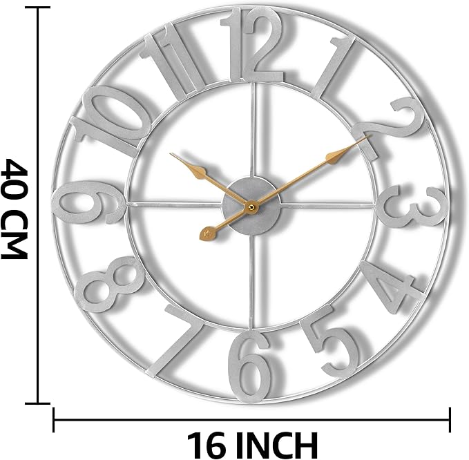 Sorbus 16-Inch Large Wall Clock – Decorative Silver Metal Clock with Gold Hands – Silent, Battery Operated, Modern Wall Decor for Living Room, Kitchen, or Office, Great Gift for Housewarming or Office