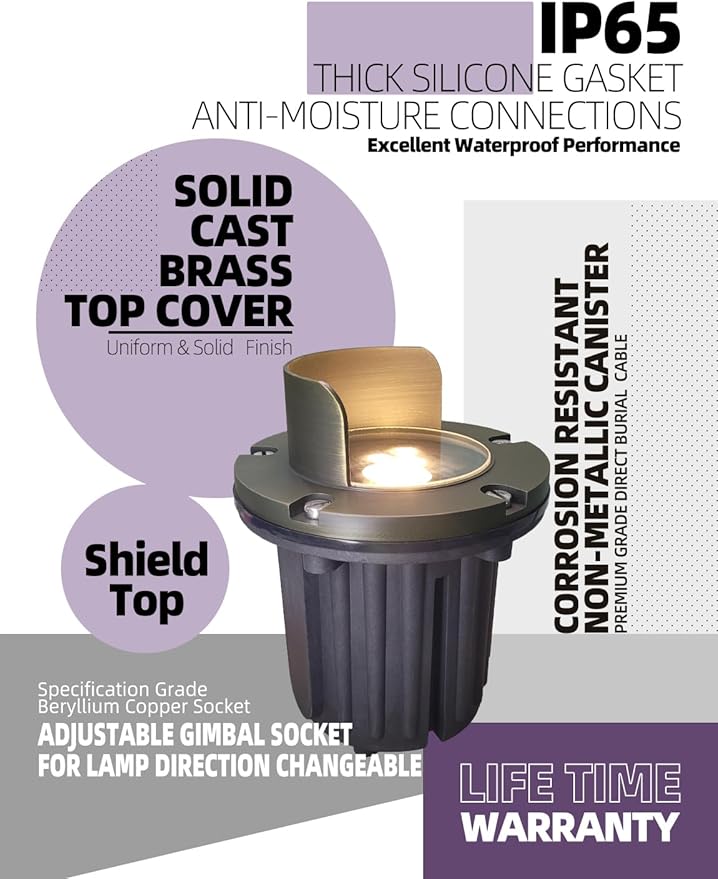 MALORY Brass Top Cover Landscape Well Lights, (6''H) 12V Low Voltage Outdoor In Ground Lights,Anti-Glare Waterproof Landscape Lighting for Pathway, Driveway (Shield Top, 10-Pack Without Bulb)