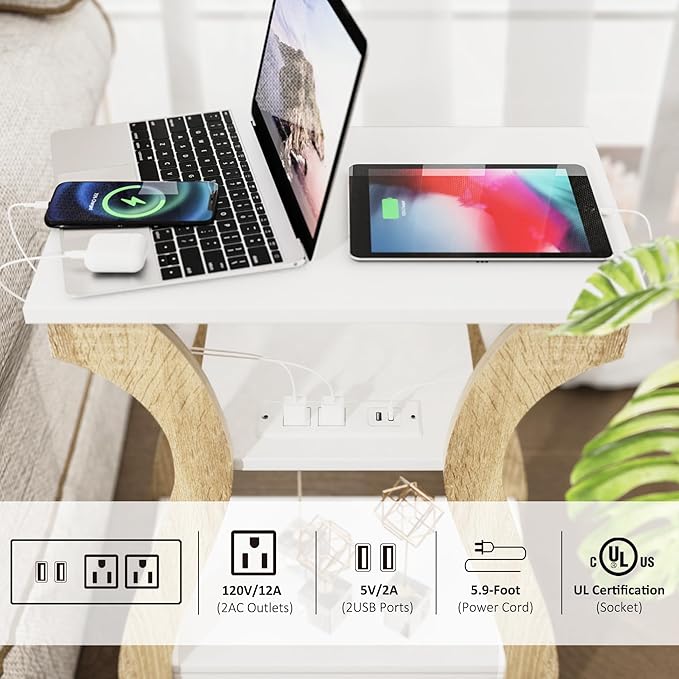 End Table with Charging Station, Side Table with USB Ports and Outlets, 3 Tier Nightstand Sofa Table for Small Spaces, Beside Table with Storage Shelf for Living Room, Bedroom
