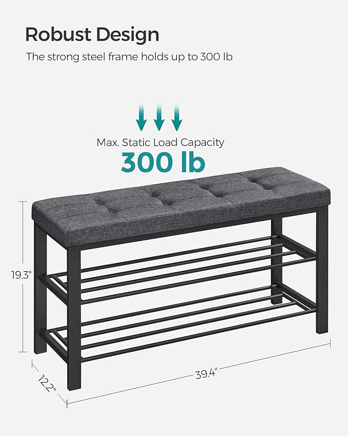 SONGMICS Shoe Bench, Storage Bench, Entryway Bench with Cushion, Shoe Shelf with Seat, Space-Saving, Modern Style, for Living Room, Bedroom, Hallway, Dark Gray and Ink Black ULBS579B33