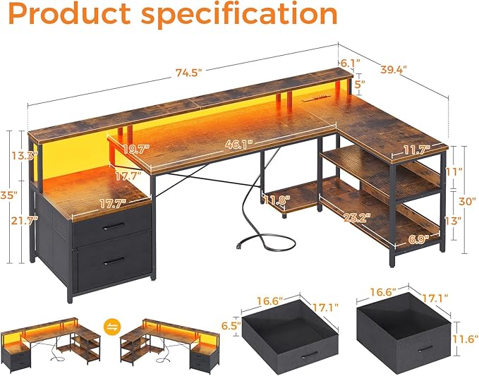 ODK L Shaped Desk with File Drawer, 75" Reversible L Shaped Computer Desk with Power Outlet & LED Strip, Office Desk with Storage Shelves, Gaming Desk with Monitor Shelf, Corner Desk, Vintage
