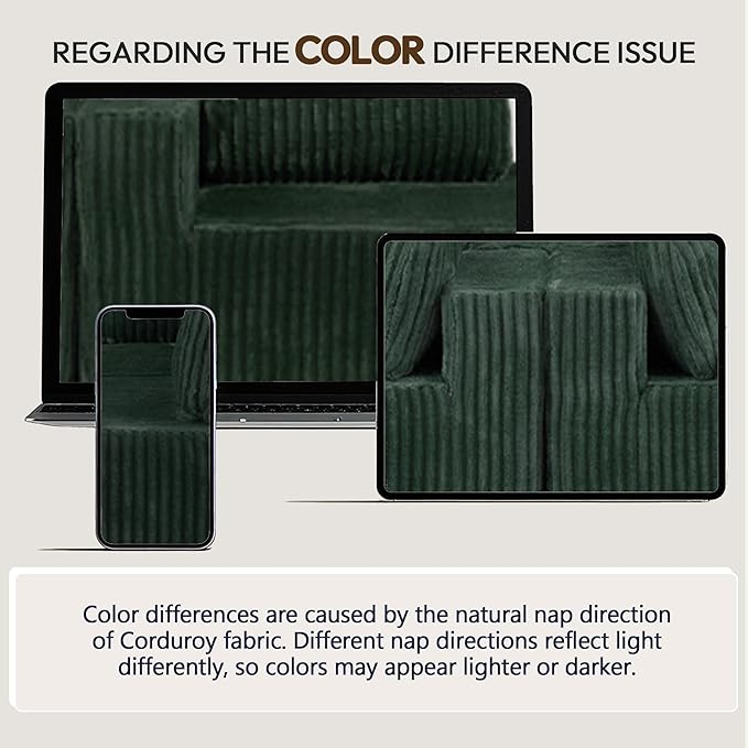 132" U Shaped Boneless Couch, Cloud Sectional Modular Sofa with Double Chaise Lounge, Corduroy Cloud Couch with Pillows & Deep Seat, Boneless Sofa for Living Room, Green