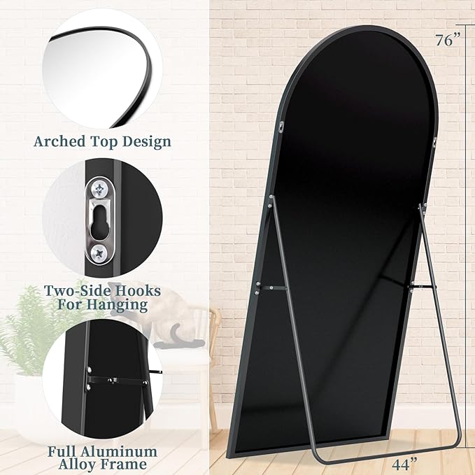 Full Length Mirror with Stand, 76"x44" Arched Full Body Mirror, Large Stand Up Mirrors, Aluminum Frame Floor Standing Mirrors, Freestanding Hanging Leaning Mounted for Bedroom Living Room Black