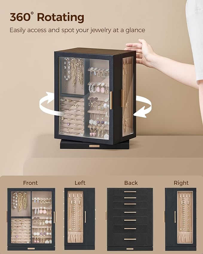 360° Rotating Jewelry Box with 7 Drawers, Spacious Vertical Jewelry Organizer with Glass Window, Jewelry Storage Case, Dustproof & Moisture-resistant Design, Black