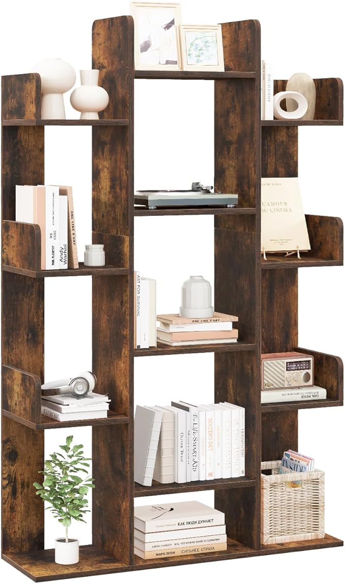 Tangkula Freestanding Tree Bookshelf, Corner Storage Organizer with 13 Open Shelves, Decorative Display Cube Shelf for Living Room, Study, Office, 34 x 9.5 x 55.5 Inch (1, Rustic Brown)