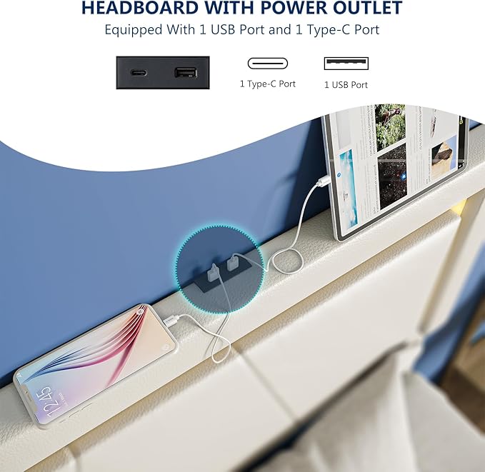 Queen Size Bed Frame with Adjustable Headboard, Upholstered Platform Bed with 4 Storage Drawers, Wooden Slats Support, Built in Charging Station & LED, Noise-Free, No Box Spring Needed, Beige