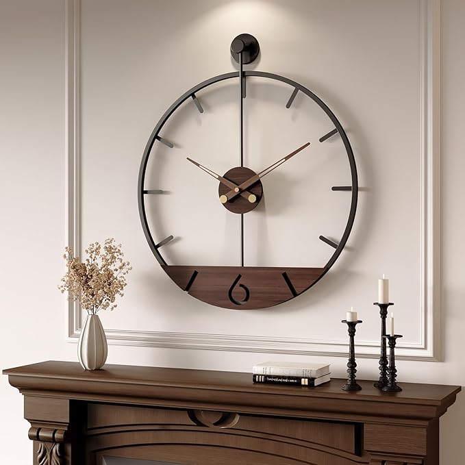 Large Wall Clock 30 Inch Modern Battery Operated Wall Clock for Living Room Decor, Walnut Wood Dial with Black Metal Frame, Silent Non Ticking Clocks for Kitchen, Office, Bedroom