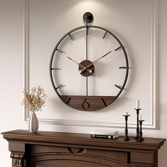 Large Wall Clock 30 Inch Modern Battery Operated Wall Clock for Living Room Decor, Walnut Wood Dial with Black Metal Frame, Silent Non Ticking Clocks for Kitchen, Office, Bedroom