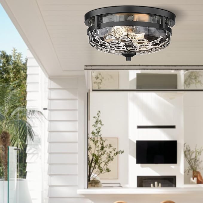 Casia Flush Mount Ceiling Lights, 2-Light Farmhouse Close to Ceiling Light, Hammered Glass Ceiling Light, Industrial Ceiling Lighting Fixture for Kitchen Hallway Living Room Stairwell (Black)
