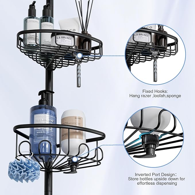 Corner Shower Caddy Tension Pole: Stainless Steel Rustproof 4-Tier Shower Organizer - 47-121 inch Adjustable Bathroom Shelves for Bathtub Shampoo Storage - Tension Rod Floor Standing Bath Rack - Black