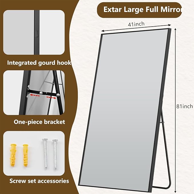 Koonmi 81"x41" Floor Mirror Full Length, Bedroom Floor Body Mirror with Stand, Large Black Mirror, Leaning, Standing or Hanging Horizontally/Vertically