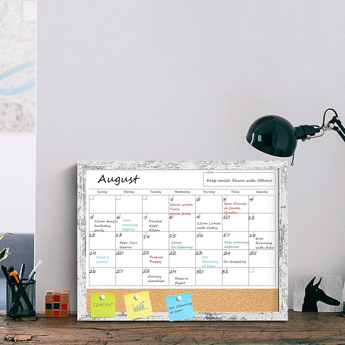 Dry Erase Calendar for Wall, 17x13 Inches Whiteboard Calendar Cork Board Combo, Magnetic Small White Board with Wood Framed, Hanging Dry Erase Board for Office Kitchen Home Planner Memo