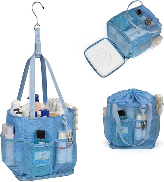 Mesh Shower Caddy Portable for College Dorm Room Essentials, Shower Tote Bag with Hanging Hook and Drawstring, Quick Dry Toiletry Bag with 6 Pockets for Bathroom, Swimming, Gym, Camping, Beach, Travel
