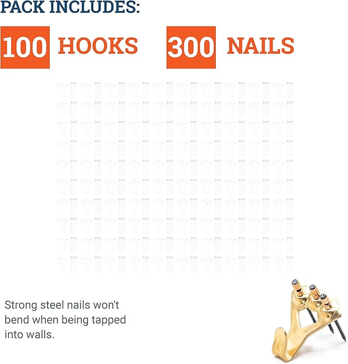 PHS 100 lb Picture Hangers, 100 Pack with Nails - Picture Hanging Hooks, Picture Hanging Hardware, Frame Hooks or Hangers, Heavy Duty Picture Hangers, Mirror Hanger - for Drywall and Plaster