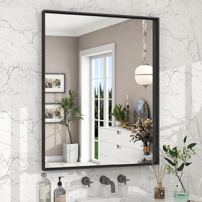 36"x 24" Black Bathroom Mirrors for Over Sink, Wall Vanity Mirror, Framed Rectangle Mirrors for Wall, Living Room Entryway, Anti-Rust, Tempered Glass Hangs Horizontally or Vertically