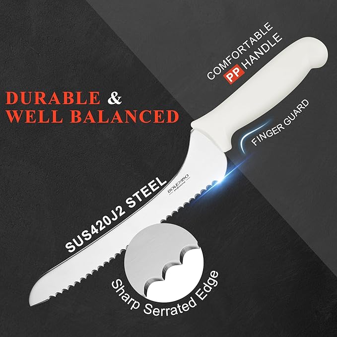 9 Inch White Offset Serrated Bread Knife Wavy Edge knife, High Carbon Stainless Steel Multi-Purpose Kitchen Knife for Homemade Bread, Crusty Breads, Cake, Bagel