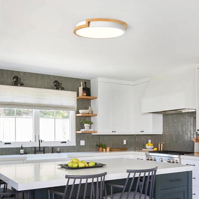 Dimmable Wood LED Flush Mount Ceiling Lights, 5CCT 2700K-6000K White Hallway Lighting Fixtures, Minimalist Round Ceiling Lamp for Bedroom Laundry Room Kitchen Entryway Bathroom 11.8in