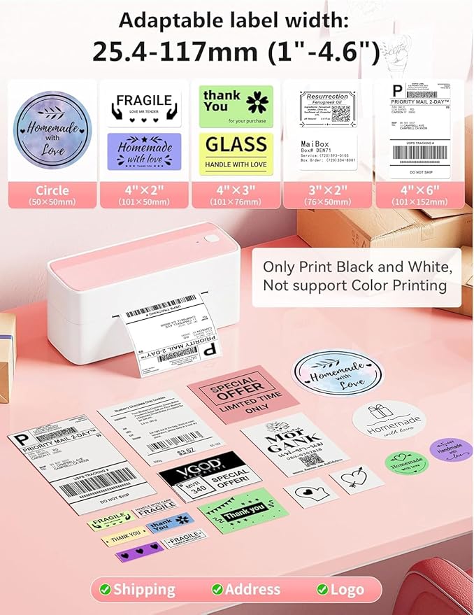 Phomemo Bluetooth Thermal Label Printer, 241BT 4X6 Wireless Shipping Labels Printer for Small Business, Pink Label Printers for Shipping Package, Compatible with iPhone, Android, Amazon, Shopify, USPS