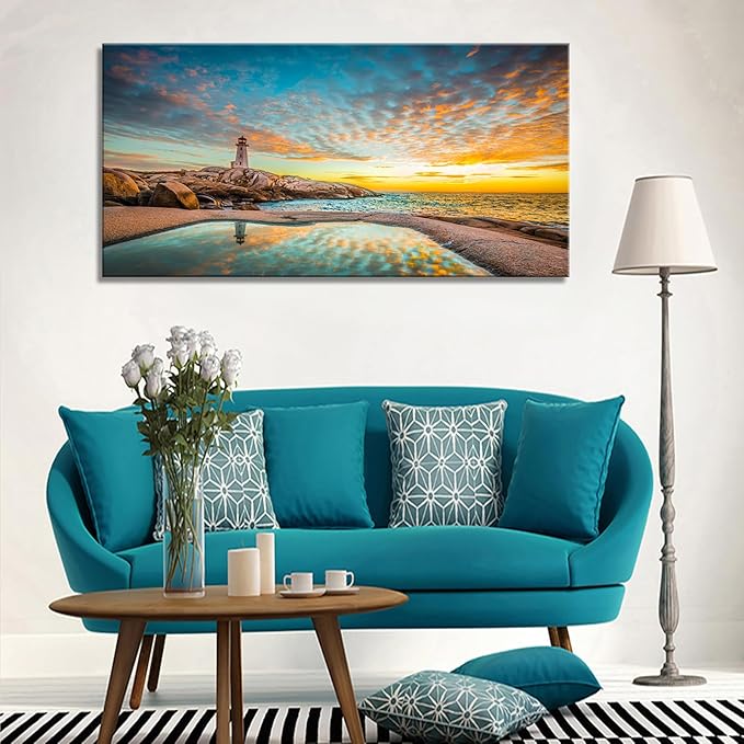 YYYYHPP YP1862 Canvas Prints Wall Art Peggy's Cove Lighthouse Sunset Ocean View Landscape Nature Pictures Stretched Canvas Wooden Framed for Living Room Bedroom and Office Wall Decor