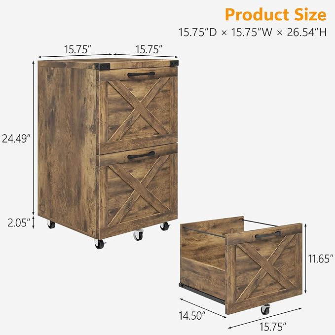 Farmhouse File Cabinet with 2 Drawers, Vertical Filing Cabinet on Wheels for Letter/A4 Size Hanging Files, Mobile File Cabinets Printer Stand for Home Office, Rustic Brown