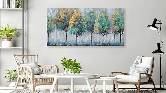 NINEASO Abstract Forest Canvas Wall Art - Teal Yellow Trees Pictures Grey Blue Earthy Wall Decor Modern Botanical Painting Print Artwork for Living Room Bedroom Home Office Decor 29" x 58"