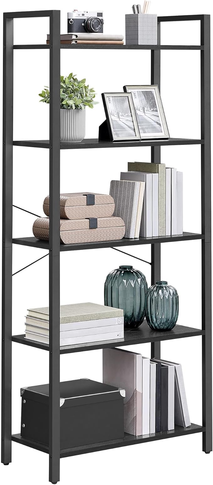 VASAGLE 5-Tier Bookshelf, Bookcase with Steel Frame, Book Shelf for Living Room, Home Office, Study, 11.8 x 26 x 60.2 Inches, Industrial Style, Ebony Black and Ink Black ULLS061B56