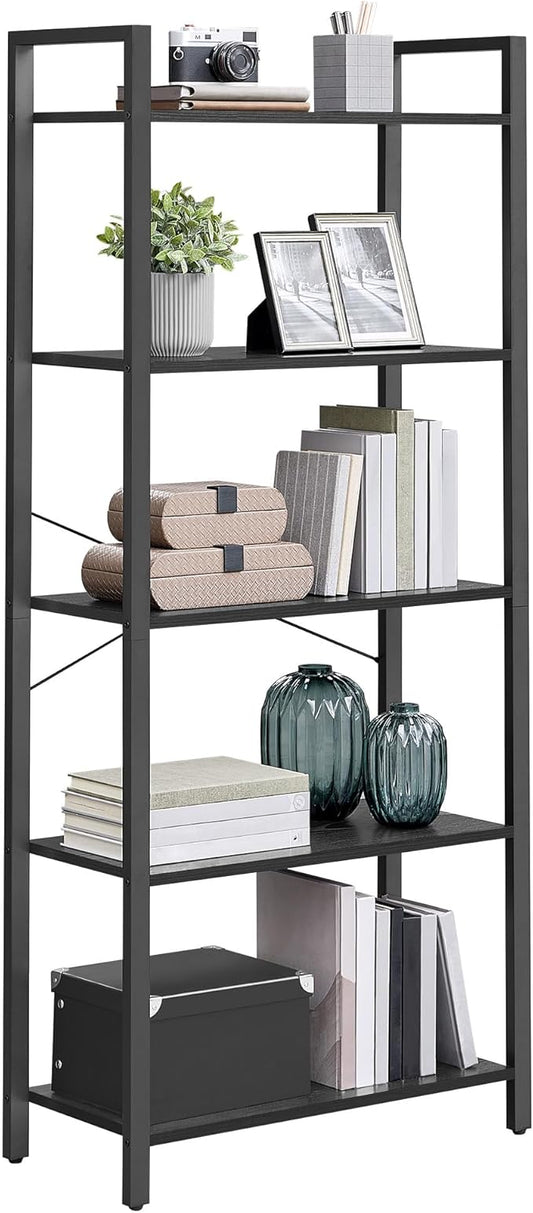 VASAGLE 5-Tier Bookshelf, Bookcase with Steel Frame, Book Shelf for Living Room, Home Office, Study, 11.8 x 26 x 60.2 Inches, Industrial Style, Ebony Black and Ink Black ULLS061B56