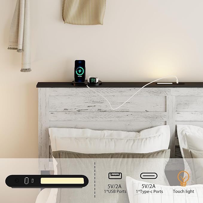 Wooden Queen Size Bed Frame with Headboard, Boho White Farmhouse Storage Bedframe with Sliding Barn Door Footboard and Charging Station, Wood Slats, No Box Spring Needed