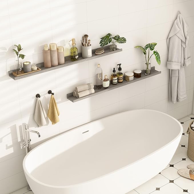 Picture Ledge Shelf, 48 Inch Long Floating Shelves for Wall, Nursery Bookshelf for Storage with Lip, Rustic Elm Wood Photo Ledge Shelves for Bedroom, Living Room, Kitchen (Grey, 48in Set of 2)