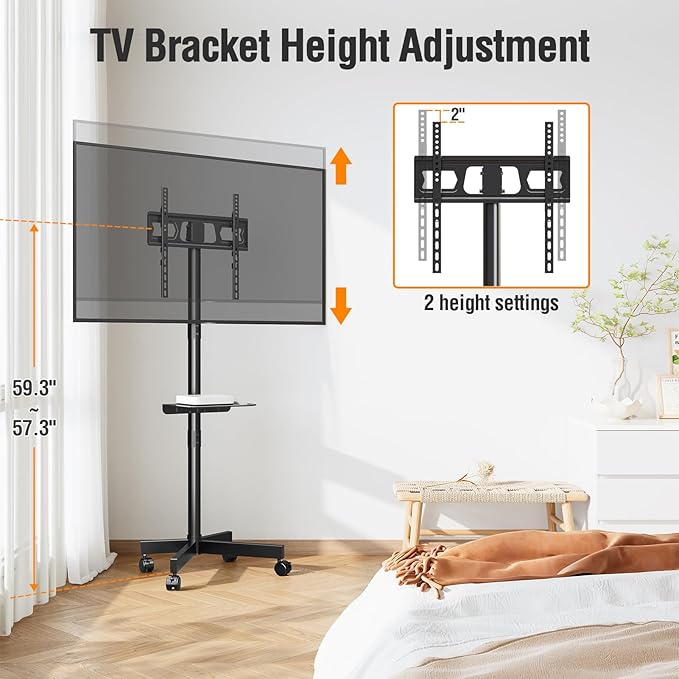 ELIVED Mobile TV Stand for 23-60 Inch Flat Screen TVs, Tilt TV Cart with Adjustable Shelf & Locking Wheels, Rolling TV Floor Stand Max VESA 400x400mm, Portable TV Stand Holds Up to 77lbs.