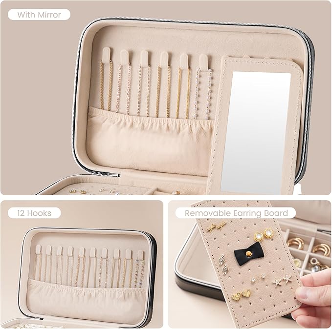 Lolalet Travel Jewelry Case for Women, Travel Jewelry Organizer Box with Mirror & Clear Storage Bag, Small Portable Traveling Earring Necklace Bracelet Ring Case, Bridesmaid Gifts -Medium, Black