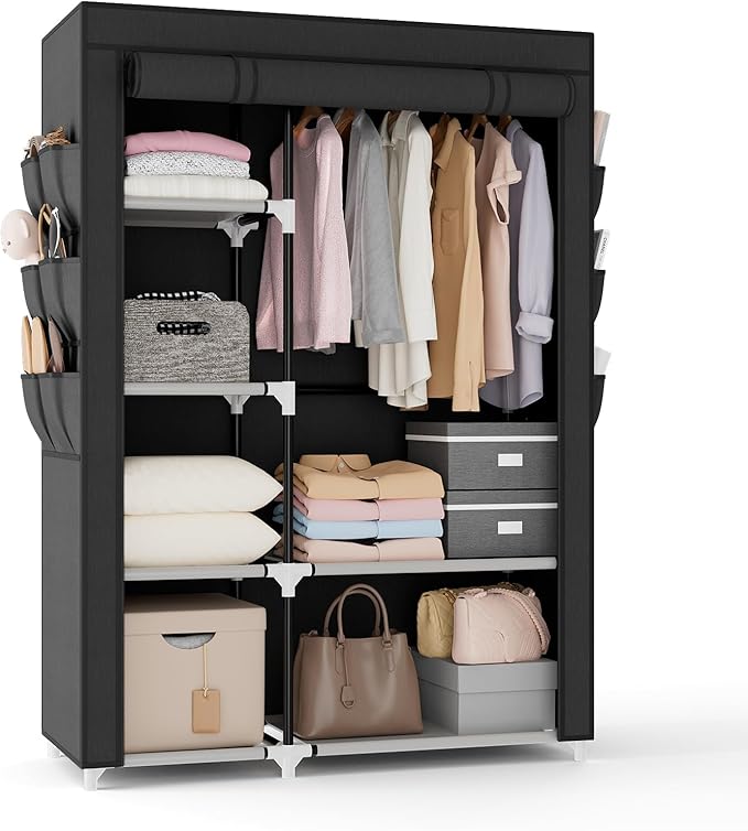 VTRIN Wardrobe Closet, 41.7 Inch Wide Portable Closets for Hanging Clothes with 1 Hanging Rod, 6 Shelves, 6 Pockets, Clothes Rack with Cover Portable Wardrobe Closet for Bedroom, Dorm, Black