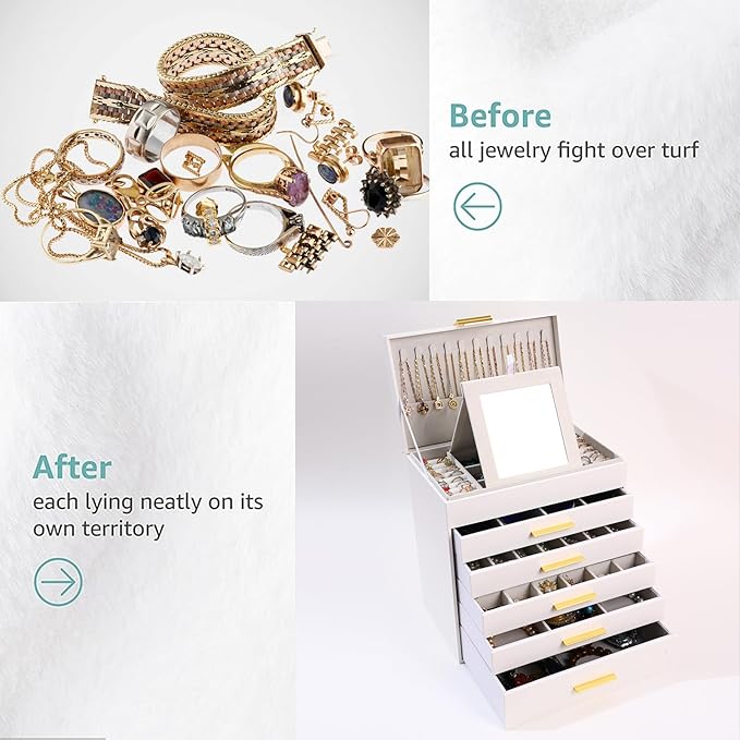 BOOVO Jewelry Box with Necklace Hanger – 6 layer Jewelry Organizer for Women with 5 Drawers, Large Jewelry Storage Boxes –Jewelry Organizers and Storage for Earrings, Necklaces (White, 6 layer)