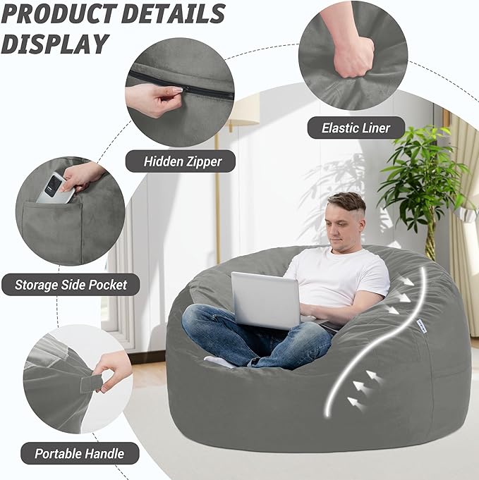 3FT Bean Bag Chair with Ultra Soft Velvet Cover Bean Bag Sofa with Memory Foam Bean Bag Chairs with Large Size Lazy Sofa for Dorm Office Living Room Bedroom Silver Grey 3'