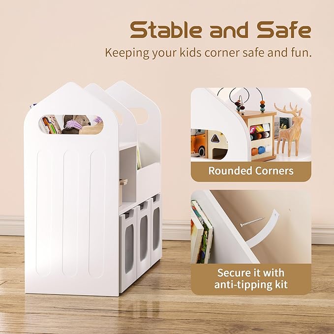 Toy Storage Organizer with 3 Movable Drawers and Storage Cubby, 25.5" H Kids Bookshelf and Toy Storage, Book Shelf for Kids Room, Nursery, Playroom, Bedroom, White