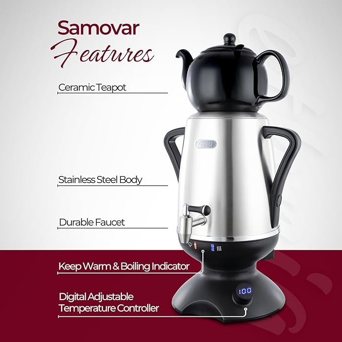 ETHNIQ - Electric Samovar | 4L Stainless Steel Tea Maker | Adjustable Temperature Controller | Boil Dry & Auto Shot-off | 1.2L Porcelain Teapot | Turkish, Persian, Russian Tea Kettle (Black)